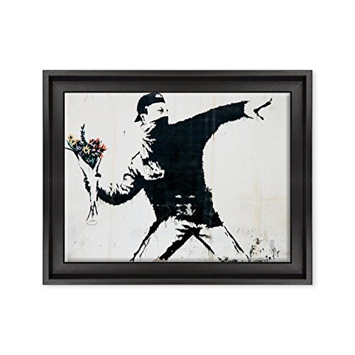 Bild auf Leinwand, gerahmt, mit Rahmen, Banksy – Kunst Street Art – Blumenwerfer – 30 x 40 cm – zeitgenössischer Stil Schwarz – (Code 1644) von ConKrea