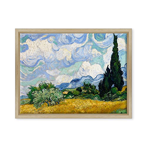 Bild auf Leinwand, gerahmt, mit Rahmen, Van Gogh, Weizenfeld mit Zypressen, 30 x 40 cm, moderner Stil, Naturholz von ConKrea