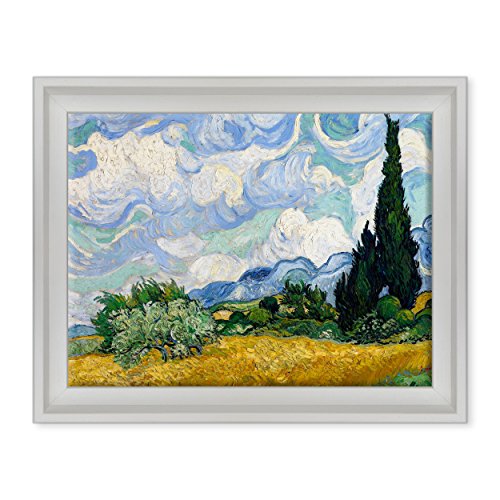 Bild auf Leinwand, gerahmt, mit Rahmen, Van Gogh, Weizenfeld mit Zypressen, 30 x 40 cm, moderner Stil, Weiß von ConKrea