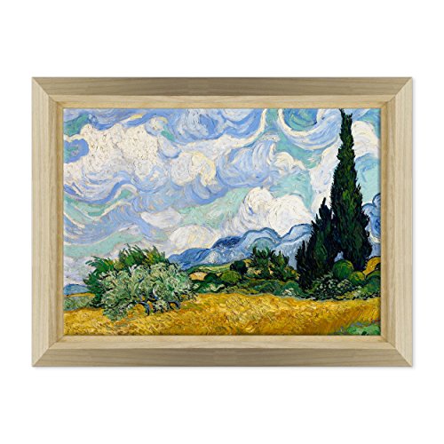 Bild auf Leinwand, gerahmt, mit Rahmen, Van Gogh, Weizenfeld mit Zypressen, 50 x 70 cm, Stil Design Naturholz - (Artikelnummer: 2693) von ConKrea