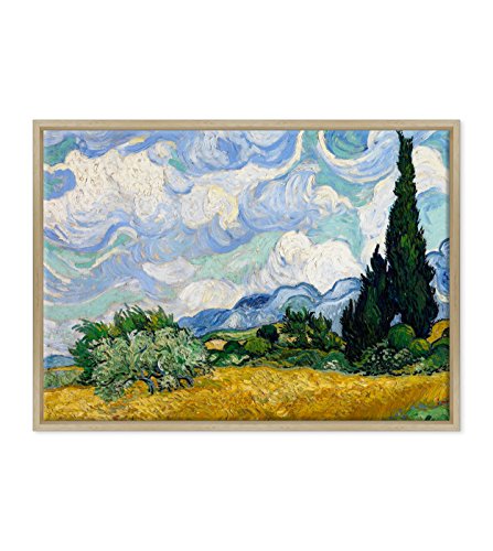 Bild auf Leinwand, gerahmt, mit Rahmen, Van Gogh, Weizenfeld mit Zypressen, 50 x 70 cm, moderner Stil, Naturholz von ConKrea