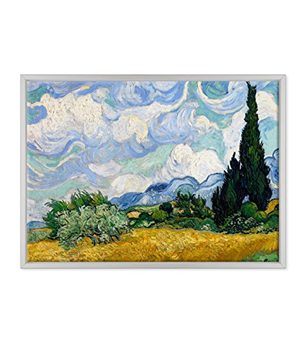 Bild auf Leinwand, gerahmt, mit Rahmen, Van Gogh, Weizenfeld mit Zypressen, 50 x 70 cm, moderner Stil, Weiß von ConKrea