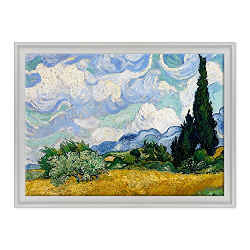 Bild auf Leinwand, gerahmt, mit Rahmen, Van Gogh, Weizenfeld mit Zypressen, 50 x 70 cm, moderner Stil, Weiß von ConKrea