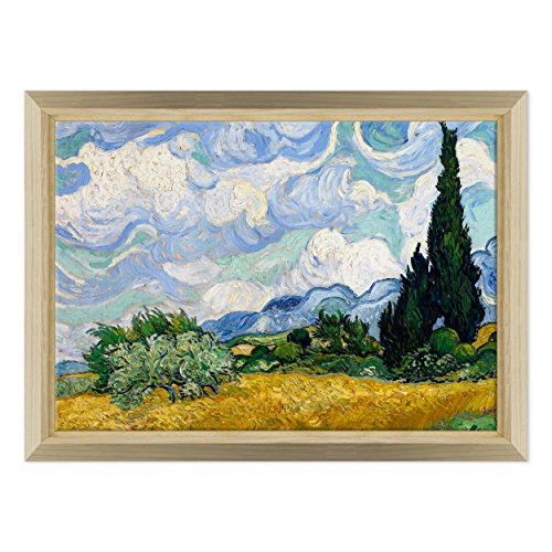 Bild auf Leinwand, gerahmt, mit Rahmen, Van Gogh, Weizenfeld mit Zypressen, 70 x 100 cm, Stil Design Naturholz - (Artikelnummer: 2693) von ConKrea