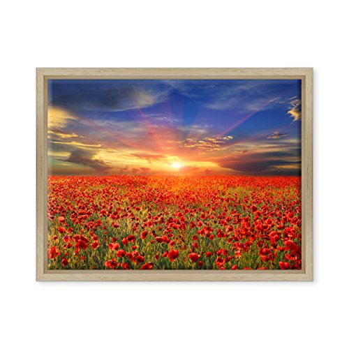 Bild auf Leinwand, gerahmt, mit Rahmen, rote Mohnblumen – Blumen Natur – Panorama Landschaft – 30 x 40 cm – moderner Stil aus Naturholz – (Code 4570) von ConKrea