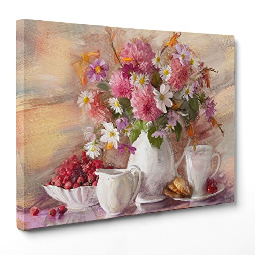 Bild auf Leinwand Canvas – Gerahmt – fertig zum Aufhängen – Stillleben – Vase mit Blumen rosa und weißen Dimensione: 50x70cm A - Senza Cornice von ConKrea
