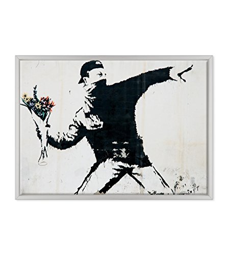 Bild auf Leinwand gerahmt, mit Rahmen - Banksy - Kunst Street Art - Blumenlüfter - 50 x 70 cm - moderner Stil weiß - (Code 1644) von ConKrea