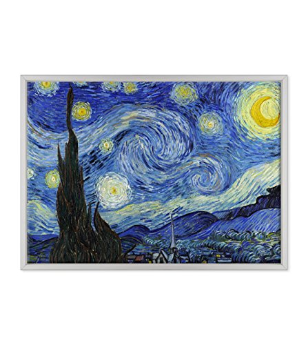 ConKrea Bild auf Leinwand gerahmt – mit Rahmen – Van Gogh – Starry Night – Sternennacht – 50 x 70 cm – Moderner Stil Weiß – (Artikelnummer 2671) von ConKrea