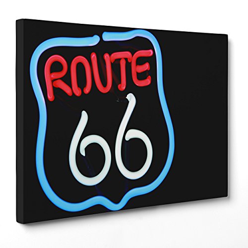 Bild auf Leinwand – gerahmt – fertig zum Aufhängen – Route 66 – USA Amerika Schild Vintage Neon – 50 x 70 cm – ohne Rahmen – (Code 1136) von ConKrea