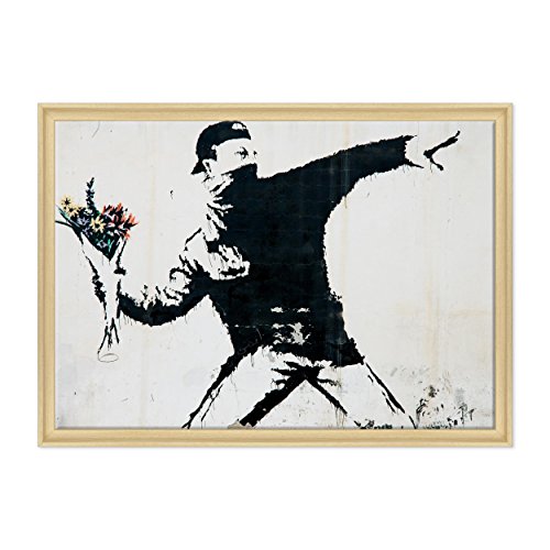 Bild auf Leinwand gerahmt - mit Rahmen - Banksy - Kunst Street Art - Werfer von Blumen - 70 x 100 cm - Stil Modern Holz Natur - (Code 1644) von ConKrea