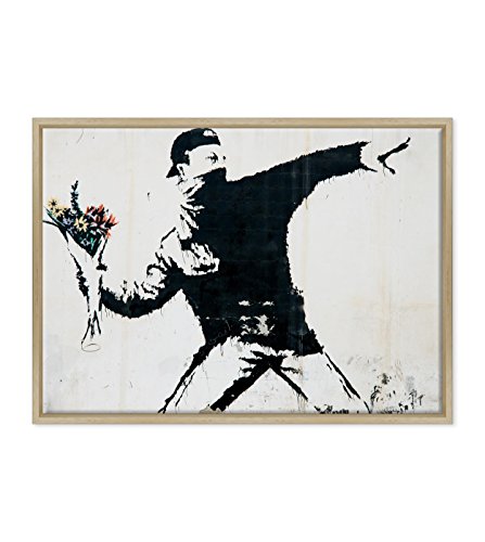 Bild auf Leinwand gerahmt - mit Rahmen - Banksy - Street Art - Werfer von Blumen - 50 x 70 cm - Stil Modern Holz Natur - (Code 1644) von ConKrea
