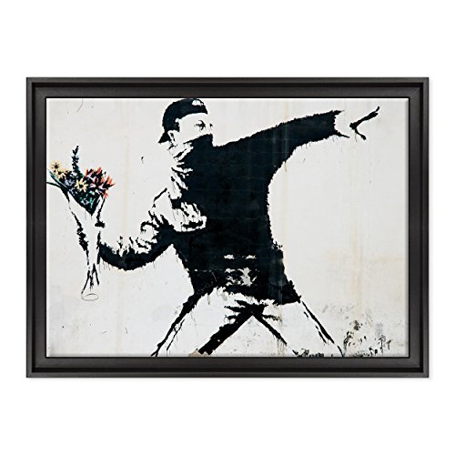Bild auf Leinwand gerahmt - mit Rahmen - Banksy - Street Art - Werfer von Blumen - 50 x 70 cm - Stil Modern Schwarz - (Code 1644) von ConKrea