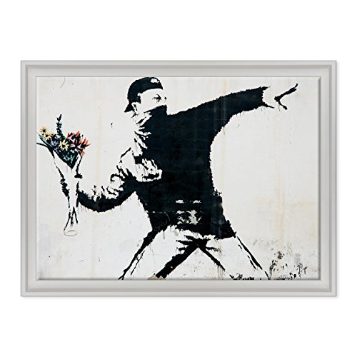 Bild auf Leinwand gerahmt – mit Rahmen – Banksy – Kunst Street Art – Blumenwerfer – 50 x 70 cm – zeitgenössischer Stil Weiß – (Code 1644) von ConKrea