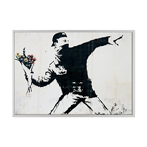 Bild auf Leinwand gerahmt - mit Rahmen - Banksy - Street Art - Werfer von Blumen - 70 x 100 cm - Stil Modern Weiß - (Code 1644) von ConKrea