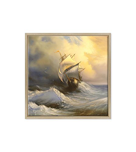 Bild auf Leinwand gerahmt – mit Rahmen – Segelschiff im offenen Meer – Sturm – 70 x 70 cm – moderner Stil aus Naturholz – (Code 1925) von ConKrea
