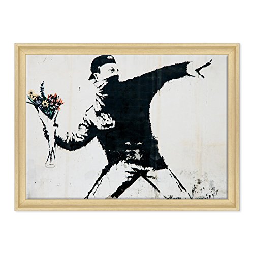 ConKrea Bild auf Leinwand, gerahmt, mit Rahmen, Banksy – Arte Street Art – Blumenlancer, 50 x 70 cm – Stil Design Naturholz – (Art.-Nr. 1644) von ConKrea