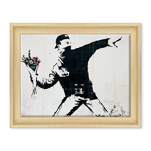 ConKrea Bild auf Leinwand gerahmt, mit Rahmen - Banksy - Kunst Street Art - Blumenlüfter - 30 x 40 cm - Stil Design Naturholz - (Code 1644) von ConKrea