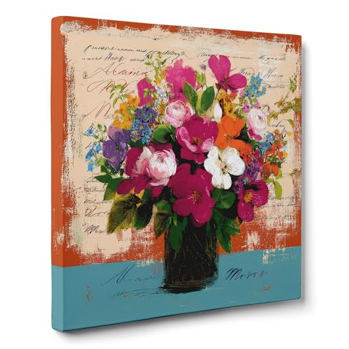 ConKrea — Blumen in Farbe – 100 x 100 cm Abstraktes Blumenbild auf gerahmter Leinwand | Expressionismus-Stil, Farbtöne Rosa, Grün, Blau von ConKrea