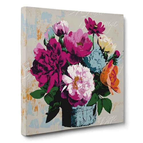 ConKrea — Blumen in hellblauem Topf — 100 x 100 cm Abstraktes Blumenbild auf gerahmter Leinwand | Stil Blumenexpressionismus, Farbtöne Blau, Grün, Grau, Violett von ConKrea