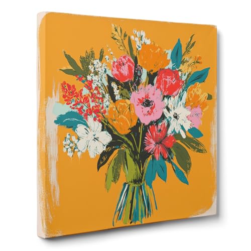 ConKrea — Blumenstrauß auf gelbem Hintergrund — 30x30 cm Abstraktes Blumenbild auf Leinwand | Stil Minimalismus Blumen, Farbtöne Gelb, Hellblau, Rot von ConKrea