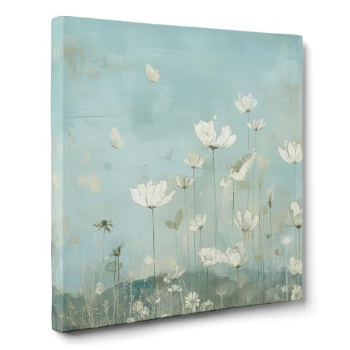 ConKrea — Feld der Blumen und Schmetterlinge — 30 x 30 cm Abstraktes Blumenbild auf gerahmter Leinwand | Illustrationsstil, hellblaue Töne, Weiß, Beige von ConKrea