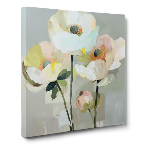 ConKrea — Neutrale Blumen auf Grau — 100 x 100 cm Abstraktes Blumenbild auf gerahmter Leinwand | Moderner abstrakter Stil, Farbtöne Weiß, Grau, Grün von ConKrea
