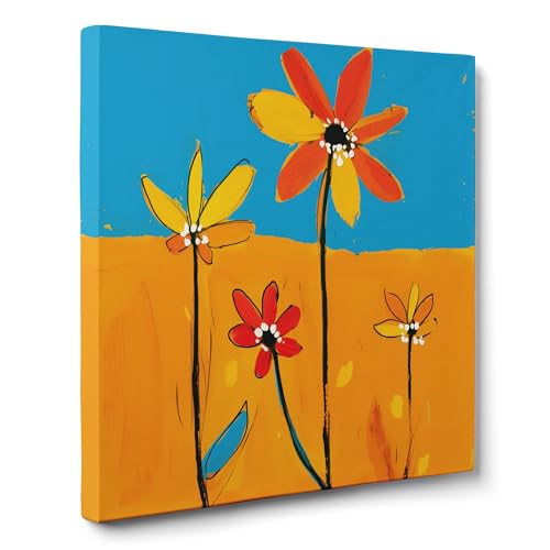 ConKrea — Stilisierte Blumen auf zweifarbigem Hintergrund — 120 x 120 cm Abstraktes Blumenbild auf gerahmter Leinwand | Pop Art-Stil, Farbtöne Orange, Gelb, Hellblau von ConKrea