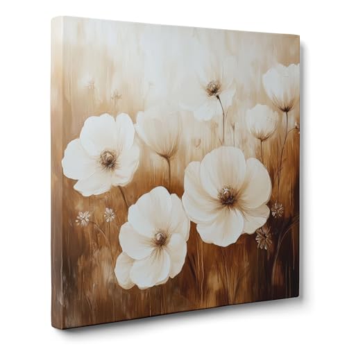 ConKrea — Weiße Blumen auf Sepia — 70 x 70 cm Abstraktes Blumenbild auf gerahmter Leinwand | Zeitgenössischer monochromer Stil, Sepia-Töne, Weiß von ConKrea