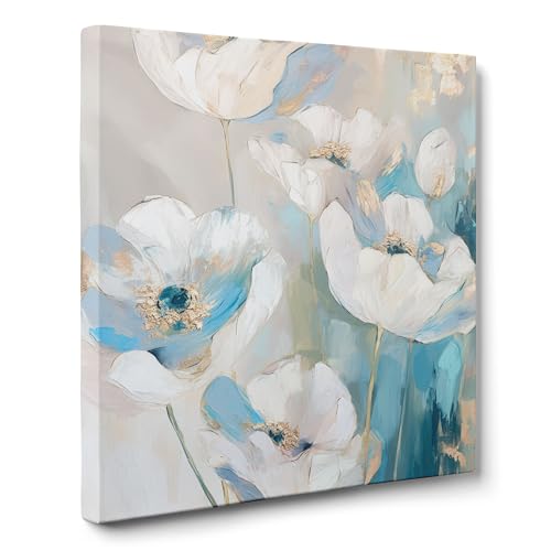 ConKrea — Weiße und blaue Blumen mit goldenen Blättern — 70 x 70 cm Abstraktes Blumenbild auf gerahmter Leinwand | Impressionistischer Stil, Farben Weiß, Blau, Gold von ConKrea