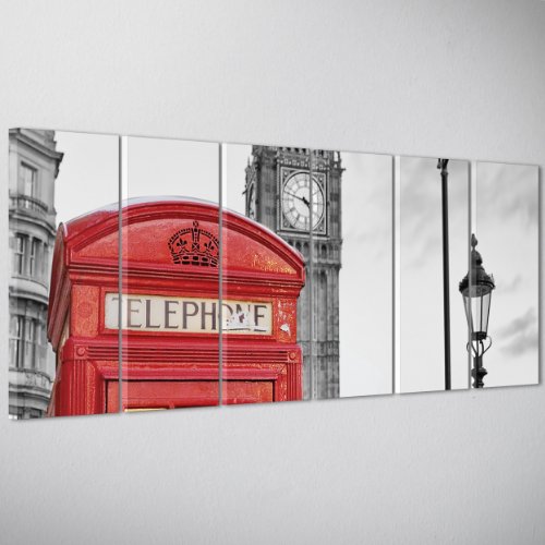 Modernes Bild RIESEN auf Leinwand Canvas – Gerahmt – Stadt London – London England UK – Telefonzelle – 6 Platten – Möbel Haus Bar – 200 x 70 cm (Cod 007) von ConKrea