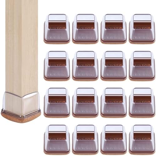 16 Stück Schutzkappen für Stuhlbeine, 25-37mm Stuhl Bein Caps mit Filz, Gummi stuhlbeinkappen, Dickes Silikon Stuhlsocken Stuhlbeinschoner (1.25" Square, transparent) von ConTrx