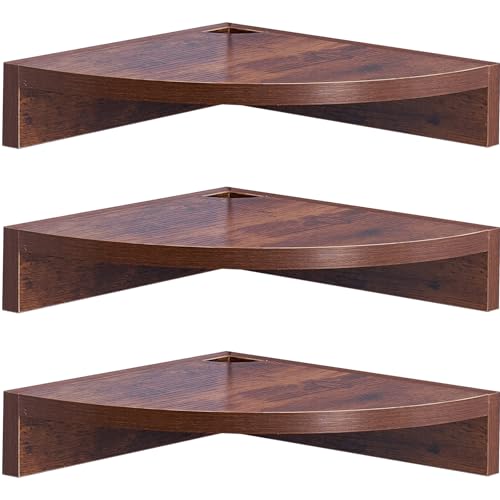 Conamily Eckregal Hängend, 3er Set Rustikal Holz schwimmende Eckregel mit Drahtloch Rundem Ende Wandregal Holz Vintage Landhausstil Regal für Schlafzimmer Wohnzimmer Braun von Conamily