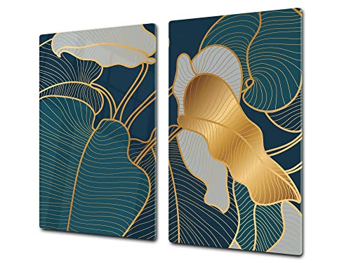 Mehrfunktional Hartglas Gehärtetes - Abdeckplatte für Induktionskochfeld - Schneideplatten SINGLE mit 60 x 52 cm und DOUBLE - zwei Bretter mit 30 x 52 cm; D31 Tropische Blätter-Serie von Concept Crystal