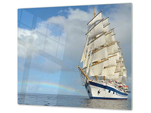 Küchenbrett aus Hartglas und Induktionskochplattenabdeckung – Schneideplatten SINGLE mit 60 x 52 cm und DOUBLE - zwei Bretter mit 30 x 52 cm D02 Water Series: Ship 3 von Concept Crystal