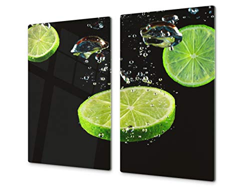 Küchenbrett aus Hartglas und Induktionskochplattenabdeckung – Schneideplatten SINGLE mit 60 x 52 cm und DOUBLE - zwei Bretter mit 30 x 52 cm D07 Fruits and vegetables: Lime 7 von Concept Crystal