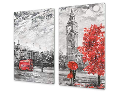Küchenbrett aus Hartglas und Induktionskochplattenabdeckung – Schneideplatten SINGLE mit 60 x 52 cm und DOUBLE - zwei Bretter mit 30 x 52 cm D13 Images: Big Ben red von Concept Crystal