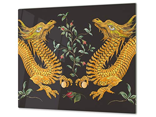 Küchenbrett aus Hartglas und Induktionskochplattenabdeckung – Schneideplatten SINGLE mit 60 x 52 cm und DOUBLE - zwei Bretter mit 30 x 52 cm D13 Images: Yellow dragons von Concept Crystal