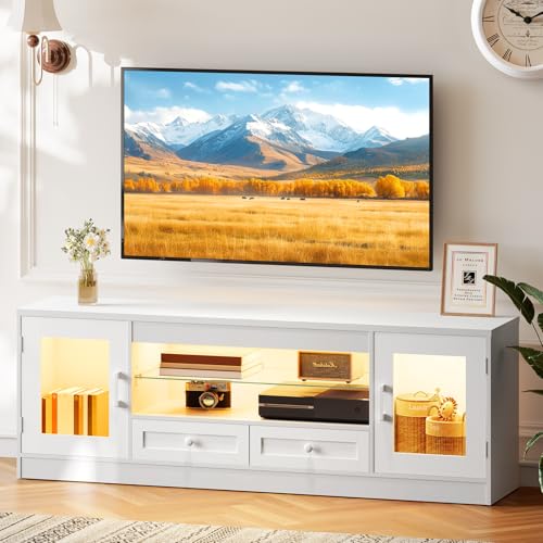 148 cm TV-Schrank für 55/60/65-Zoll-Fernseher mit Schubladen, Leuchten, Fernsehtisch, Gaming-Entertainment-Center, Lowboard mit verstellbarem Glasregal, Stand für Wohnzimmer, Schlafzimmer Weiß von Concho