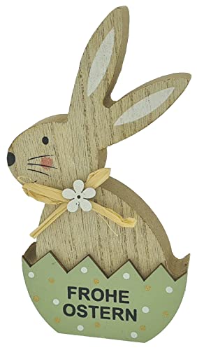 Frohe Ostern, Holz-Hase mit Schleife, 16x9x2cm, grün/Natur, Holz-Figur Oster-Hase Oster-Deko von Concord Deko