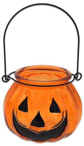 Windlicht Glas Kürbis Gesicht Orange mit Henkel Metall Schwarz Tischdeko Herbst Halloween 8cm Hoch 10cm Ø von Concord GmbH