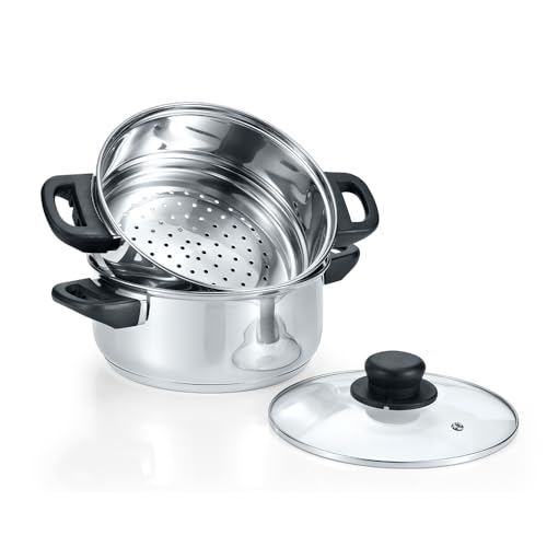 CONCORD 3-teiliges Dampfgarer-Set aus Edelstahl mit 2 l Gemüsedampfer und 3 l Kochtopf mit Deckel aus gehärtetem Glas (Induktionskompatibel) von Concord