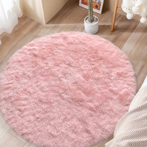 ConCus-T Rosa Runder Teppich für Mädchen Schlafzimmer Shag Kunstfell Teppich Rosa Bereich Teppich Flauschiger Kreis Teppich für Wohnzimmer Badezimmer, Rosa, 120 cm von Concus-T