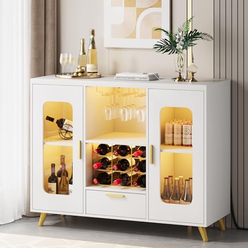 Condemo Weinbarschrank mit LED-Licht, moderner Kaffeebarschrank mit Steckdose, Likörschrank mit Weinregal, Gläserhalter, Sideboard, Buffetschrank für Esszimmer, Wohnzimmer, Küche, Weiß von Condemo