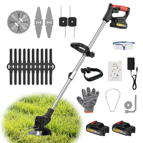 CONENTOOL 600W Akku Rasentrimmer Mit 2X 2000Ah Akku, 21V Rasenkantenschneider Mit 4 Arten Von Schneidklingen, 8500rpm/min Freischneider Mit Hilfsgleitrad, Teleskopstab Motorsense von Conentool