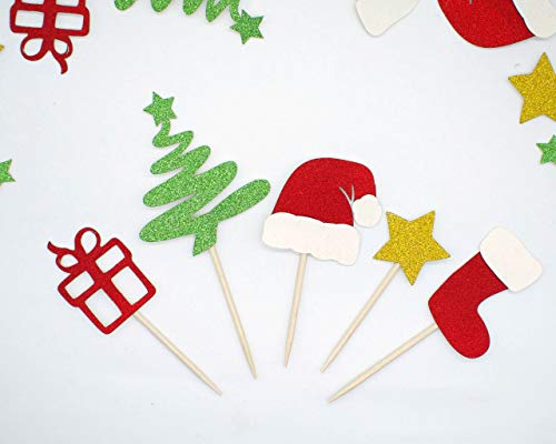 Confetti! - 20 Stück – Weihnachts-Glitzer-Cupcake-Topper Lebensmittel Obst Picks Dekorationen für Weihnachtsfeier Gastgeschenke inklusive Weihnachtsmützen, Weihnachtsbaum, rote Socken, Geschenk, Stern von Confetti!