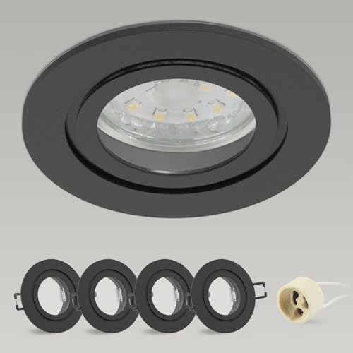 CongShine Einbaustrahler GU10 Einbaurahmen Aluminium Schwarz, IP44 Badezimmer Rahmen Spot Einbauspots Rund Flach 68mm lochmass inkl GU10 Fassung für LED Halogen Einbauleuchten Dcekenspot, 4Pack von CongShine