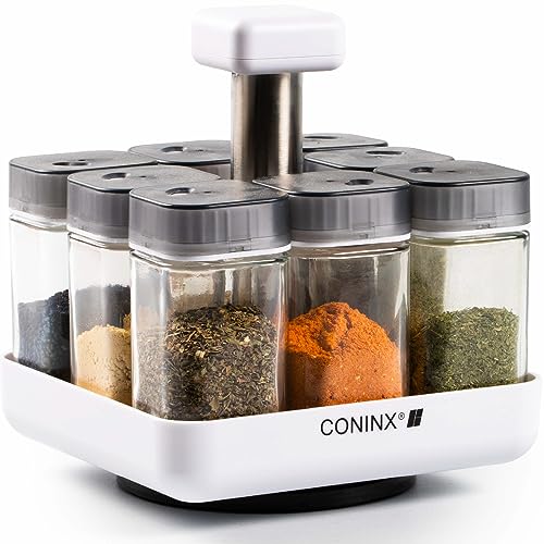 Coninx Gewürzregal mit 8 Gewürzgläser | Gewürz Organizer mit set Gewürzdosen 80ml | Küchenregal mit Set Gewürzstreuer | Spice Rack with 8 Spice Jars | Gewürzdosen Set | Rotierender Gewürzkarussel von Coninx