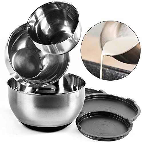 Coninx Rührschüssel Set Edelstahl, 3er mit Salatschüssel Deckel, Schüssel Rutschfestem Boden Spülmaschinenfest, Ausguss und Messskala von Coninx