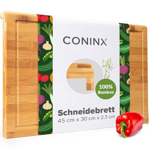 Coninx Schneidebrett Holz groß mit Saftrille - Antibakterielles Moso Bambus Holzbrett zum Schneiden von Gemüse, Obst, Käse, Fleisch & mehr - Robustes Holz Küchenbrett - Servierbrett 45x30x2.5cm von Coninx