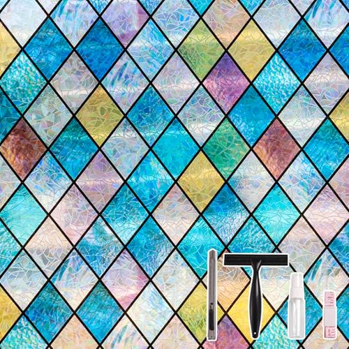Conkov Fensterfolie Sichtschutzfolie mit Regenbogeneffekt, Elektrostatische Adsorption, Keine Klebeverbindung, Dekorfolie für Wohnzimmer Küche Büro, Farbiger Rhombus, 44,5 x 400 cm mit Werkzeug von Conkov